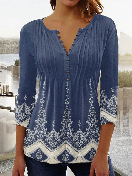 Charlotte | Damen Langarm Bluse Geblümtes Henley-Shirt Relaxed Fit