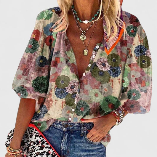 Annika | Damen Langarm-Bluse mit floralem Allover-Print und V-Ausschnitt