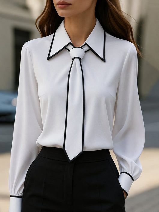 Frieda | Damen Langarm-Bluse mit Krawatten-Detail Kontrastkragen Knopfleiste