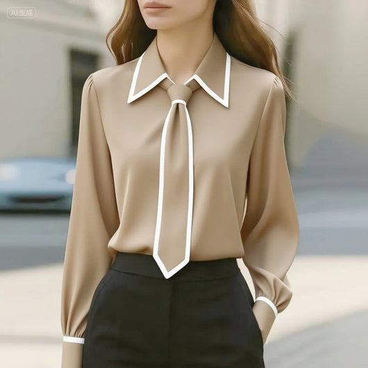 Frieda | Damen Langarm-Bluse mit Krawatten-Detail Kontrastkragen Knopfleiste