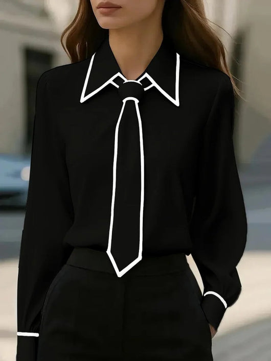 Frieda | Damen Langarm-Bluse mit Krawatten-Detail Kontrastkragen Knopfleiste