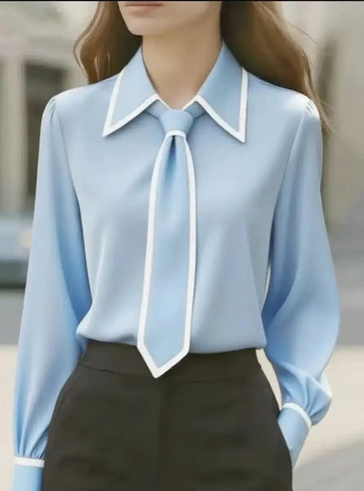 Frieda | Damen Langarm-Bluse mit Krawatten-Detail Kontrastkragen Knopfleiste