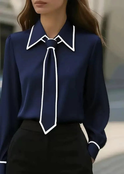 Frieda | Damen Langarm-Bluse mit Krawatten-Detail Kontrastkragen Knopfleiste