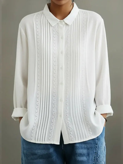 Charlotte | Damen Langarm-Bluse mit Spitzenbesatz und Kellerfalten-Front