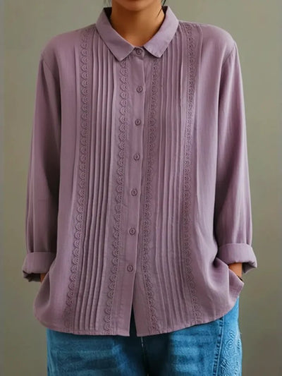 Charlotte | Damen Langarm-Bluse mit Spitzenbesatz und Kellerfalten-Front