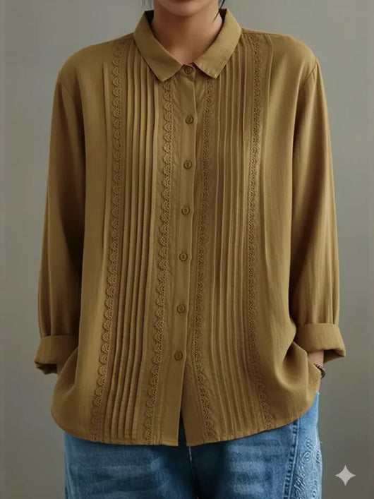 Charlotte | Damen Langarm-Bluse mit Spitzenbesatz und Kellerfalten-Front