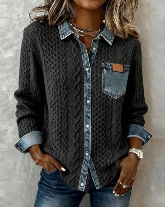 Sophie | Damen Langarm-Bluse Zopfmuster Denim-Patchwork Knopfleiste