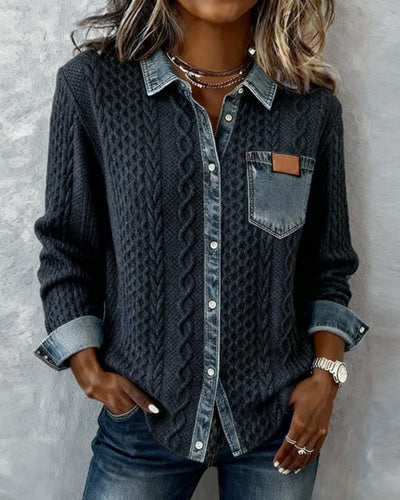 Sophie | Damen Langarm-Bluse Zopfmuster Denim-Patchwork Knopfleiste
