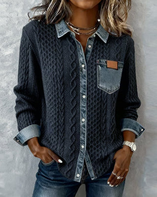 Sophie | Damen Langarm-Bluse Zopfmuster Denim-Patchwork Knopfleiste