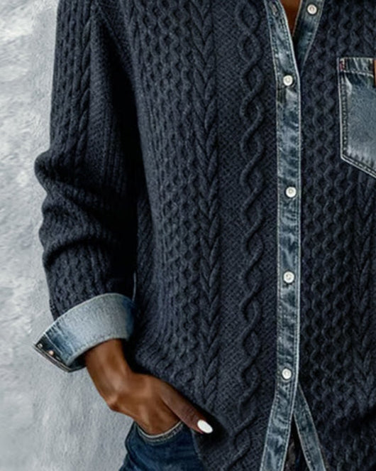 Sophie | Damen Langarm-Bluse Zopfmuster Denim-Patchwork Knopfleiste