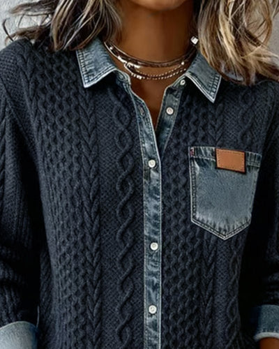 Sophie | Damen Langarm-Bluse Zopfmuster Denim-Patchwork Knopfleiste