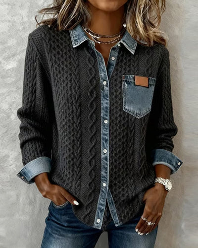 Sophie | Damen Langarm-Bluse Zopfmuster Denim-Patchwork Knopfleiste