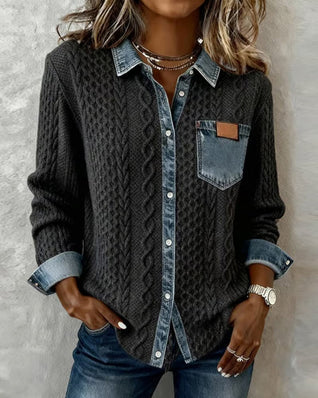 Sophie | Damen Langarm-Bluse Zopfmuster Denim-Patchwork Knopfleiste