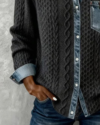 Sophie | Damen Langarm-Bluse Zopfmuster Denim-Patchwork Knopfleiste