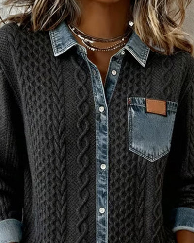 Sophie | Damen Langarm-Bluse Zopfmuster Denim-Patchwork Knopfleiste