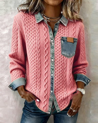 Sophie | Damen Langarm-Bluse Zopfmuster Denim-Patchwork Knopfleiste