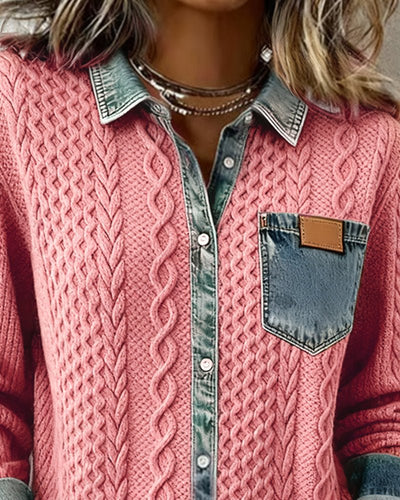 Sophie | Damen Langarm-Bluse Zopfmuster Denim-Patchwork Knopfleiste