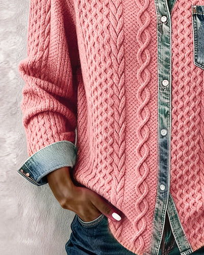 Sophie | Damen Langarm-Bluse Zopfmuster Denim-Patchwork Knopfleiste