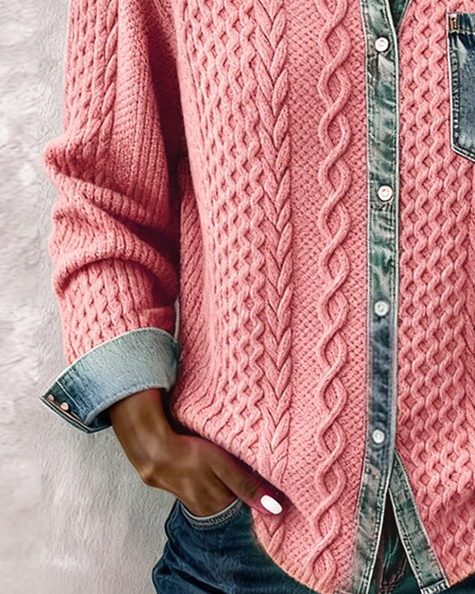 Sophie | Damen Langarm-Bluse Zopfmuster Denim-Patchwork Knopfleiste