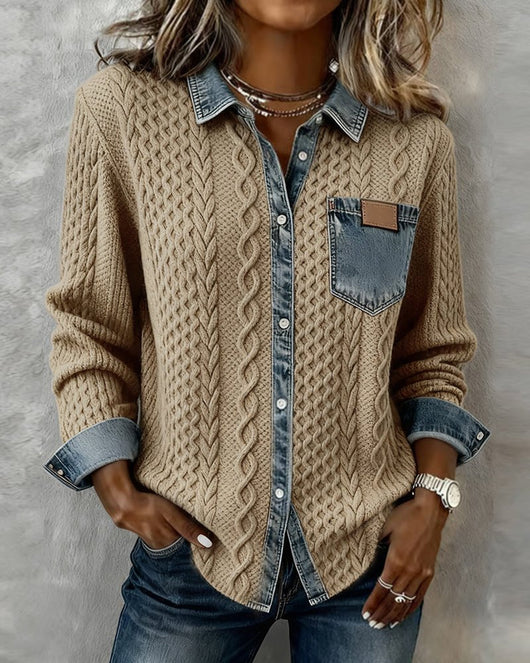 Sophie | Damen Langarm-Bluse Zopfmuster Denim-Patchwork Knopfleiste