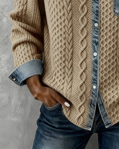 Sophie | Damen Langarm-Bluse Zopfmuster Denim-Patchwork Knopfleiste