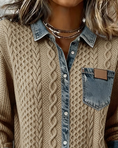 Sophie | Damen Langarm-Bluse Zopfmuster Denim-Patchwork Knopfleiste