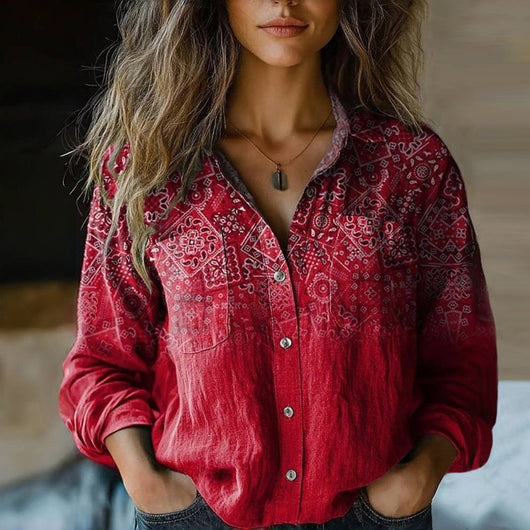 Sophie | Damen Langarm Boho-Paisley Vintage Bluse mit Knopfleiste