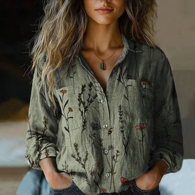 Sophie | Damen Langarm Boho-Paisley Vintage Bluse mit Knopfleiste