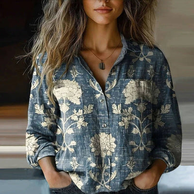 Sophie | Damen Langarm Boho-Paisley Vintage Bluse mit Knopfleiste