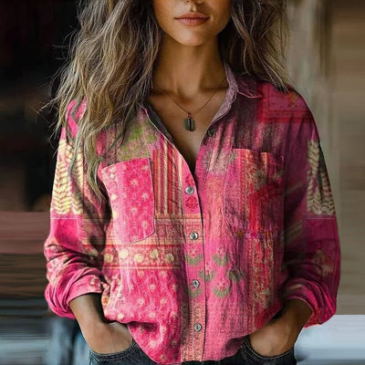 Sophie | Damen Langarm Boho-Paisley Vintage Bluse mit Knopfleiste