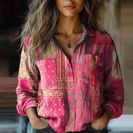 Sophie | Damen Langarm Boho-Paisley Vintage Bluse mit Knopfleiste