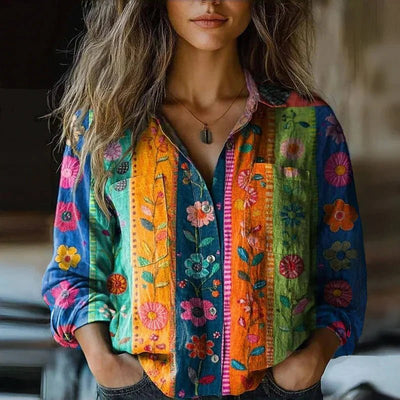 Sophie | Damen Langarm Boho-Paisley Vintage Bluse mit Knopfleiste