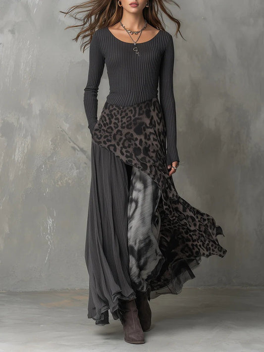 Amelie | Damen Langarm Maxi-Kleid Rippstrick Leopardenmuster Unregelmäßiger Saum