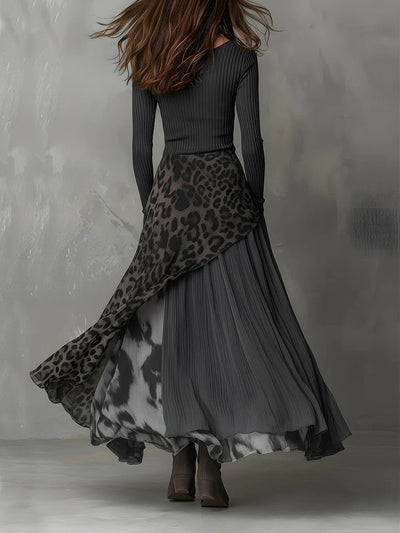 Amelie | Damen Langarm Maxi-Kleid Rippstrick Leopardenmuster Unregelmäßiger Saum