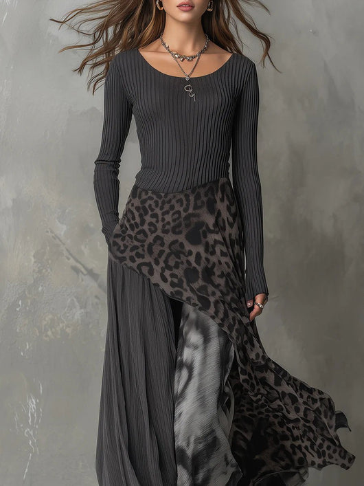 Amelie | Damen Langarm Maxi-Kleid Rippstrick Leopardenmuster Unregelmäßiger Saum