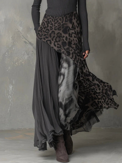 Amelie | Damen Langarm Maxi-Kleid Rippstrick Leopardenmuster Unregelmäßiger Saum
