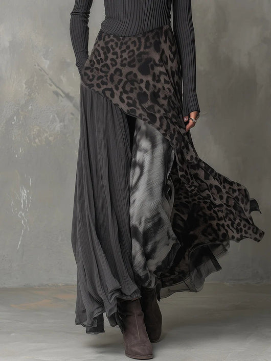 Amelie | Damen Langarm Maxi-Kleid Rippstrick Leopardenmuster Unregelmäßiger Saum