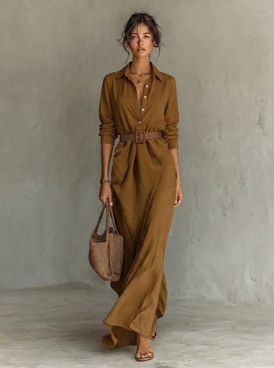 Katharina | Damen Langarm-Maxikleid figurbetonend tailliert mit Gürtel