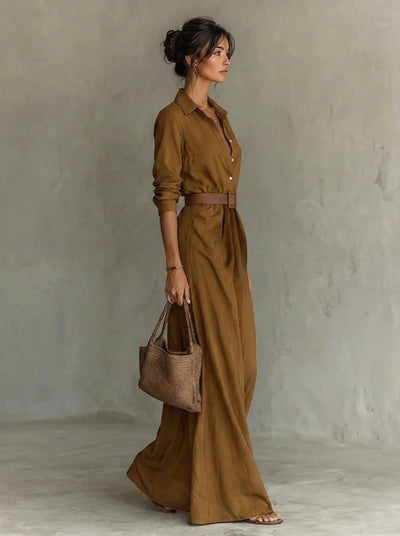Katharina | Damen Langarm-Maxikleid figurbetonend tailliert mit Gürtel