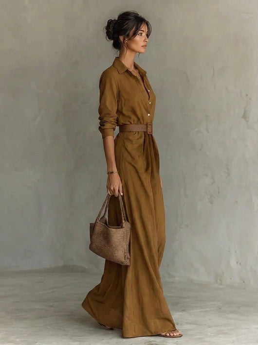 Katharina | Damen Langarm-Maxikleid figurbetonend tailliert mit Gürtel