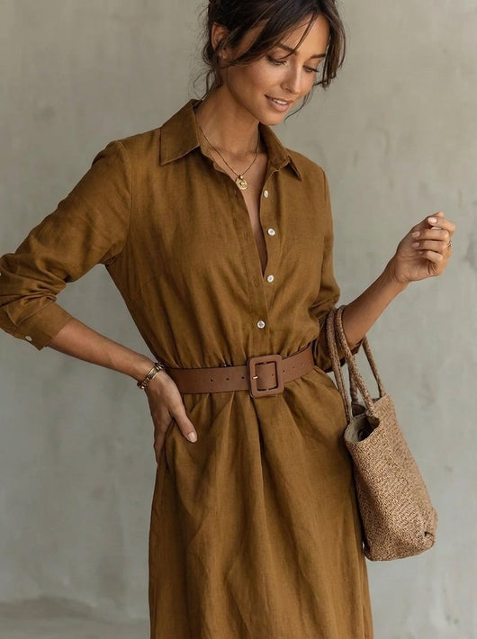 Katharina | Damen Langarm-Maxikleid figurbetonend tailliert mit Gürtel