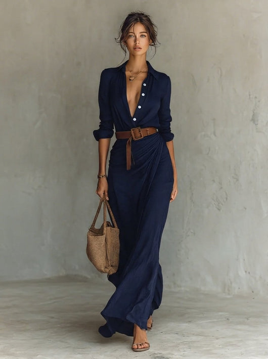 Katharina | Damen Langarm-Maxikleid figurbetonend tailliert mit Gürtel