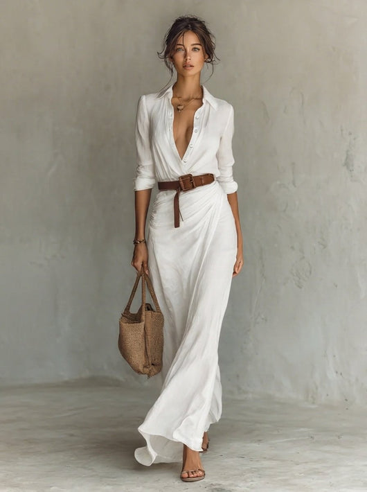 Katharina | Damen Langarm-Maxikleid figurbetonend tailliert mit Gürtel