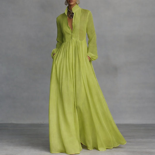 Sophie | Damen Langarm Maxikleid Fließendes Hemdblusenkleid mit Stehkragen