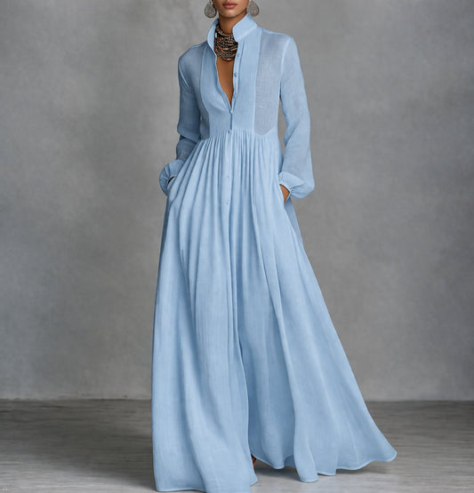 Sophie | Damen Langarm Maxikleid Fließendes Hemdblusenkleid mit Stehkragen