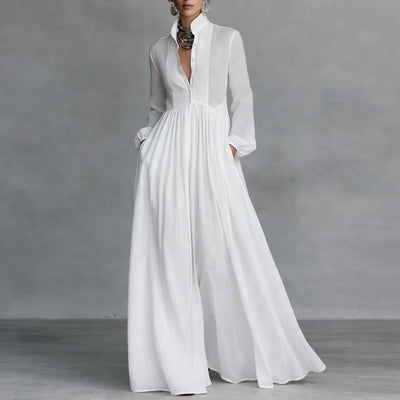 Sophie | Damen Langarm Maxikleid Fließendes Hemdblusenkleid mit Stehkragen