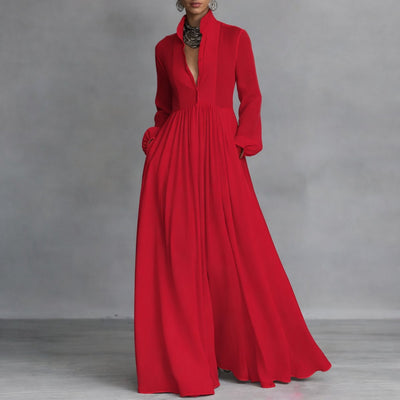 Sophie | Damen Langarm Maxikleid Fließendes Hemdblusenkleid mit Stehkragen