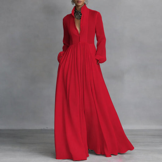 Sophie | Damen Langarm Maxikleid Fließendes Hemdblusenkleid mit Stehkragen