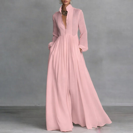 Sophie | Damen Langarm Maxikleid Fließendes Hemdblusenkleid mit Stehkragen