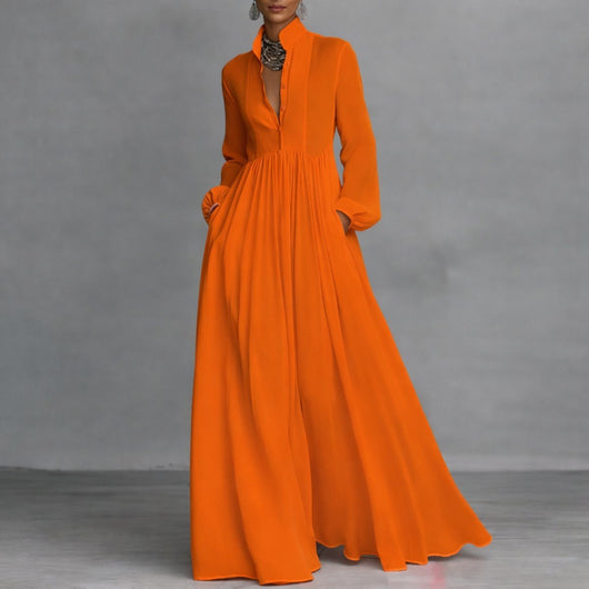 Sophie | Damen Langarm Maxikleid Fließendes Hemdblusenkleid mit Stehkragen